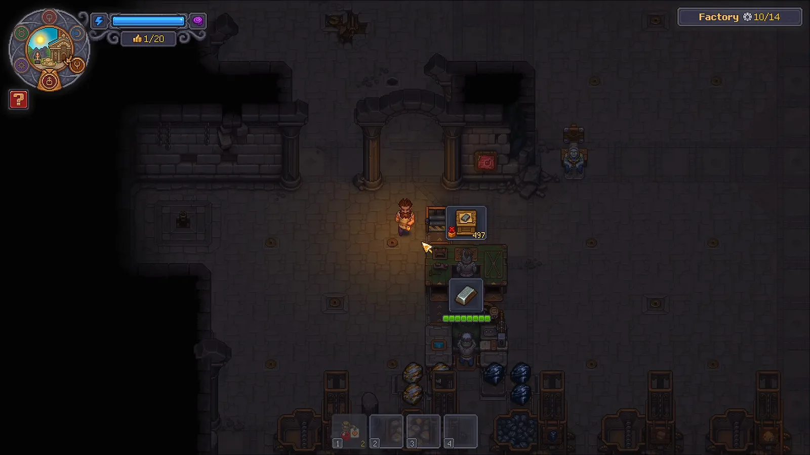 Linha de fábrica de Graveyard Keeper 2 com um Supply de ferro pronto acima da estação, aguardando a entrega