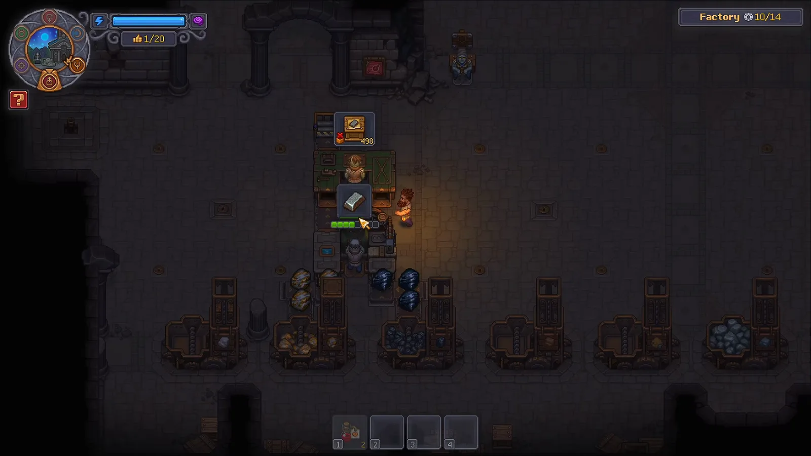 Linha de fábrica de Graveyard Keeper 2 com caixa de entrada, trabalhador na Assembly e lingote em produção