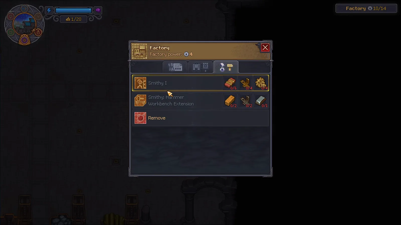 Tela de construção da fábrica de Graveyard Keeper 2 mostrando Smithy I e a extensão Smithy Hammer
