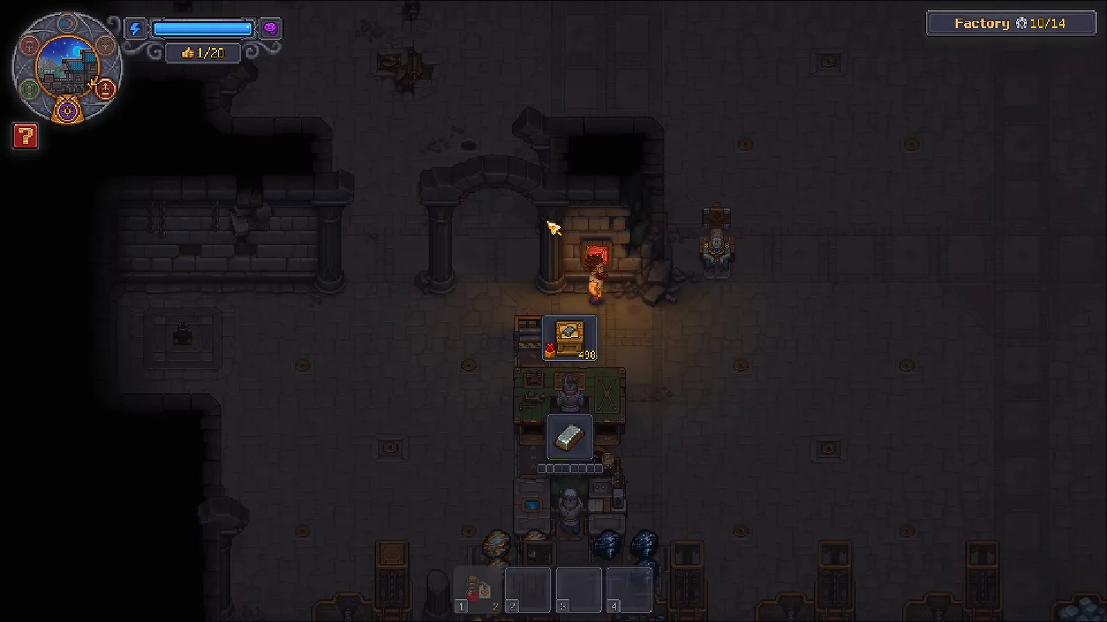 Supply Station de Graveyard Keeper 2 ao lado de uma estação, com um lingote pronto para a próxima transferência