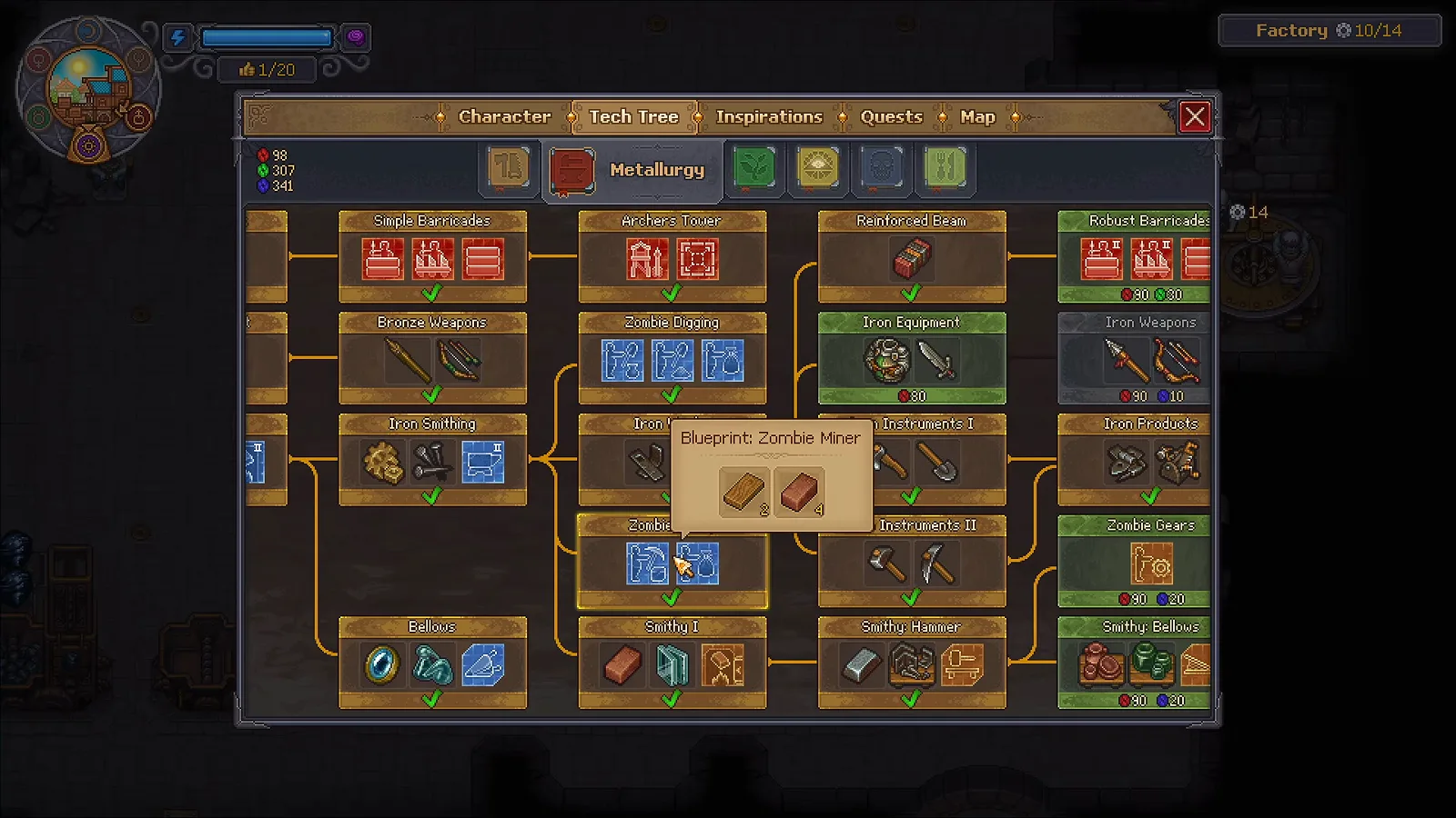 Árvore de tecnologia de Graveyard Keeper 2 mostrando o projeto Smithy Hammer para a progressão da fábrica