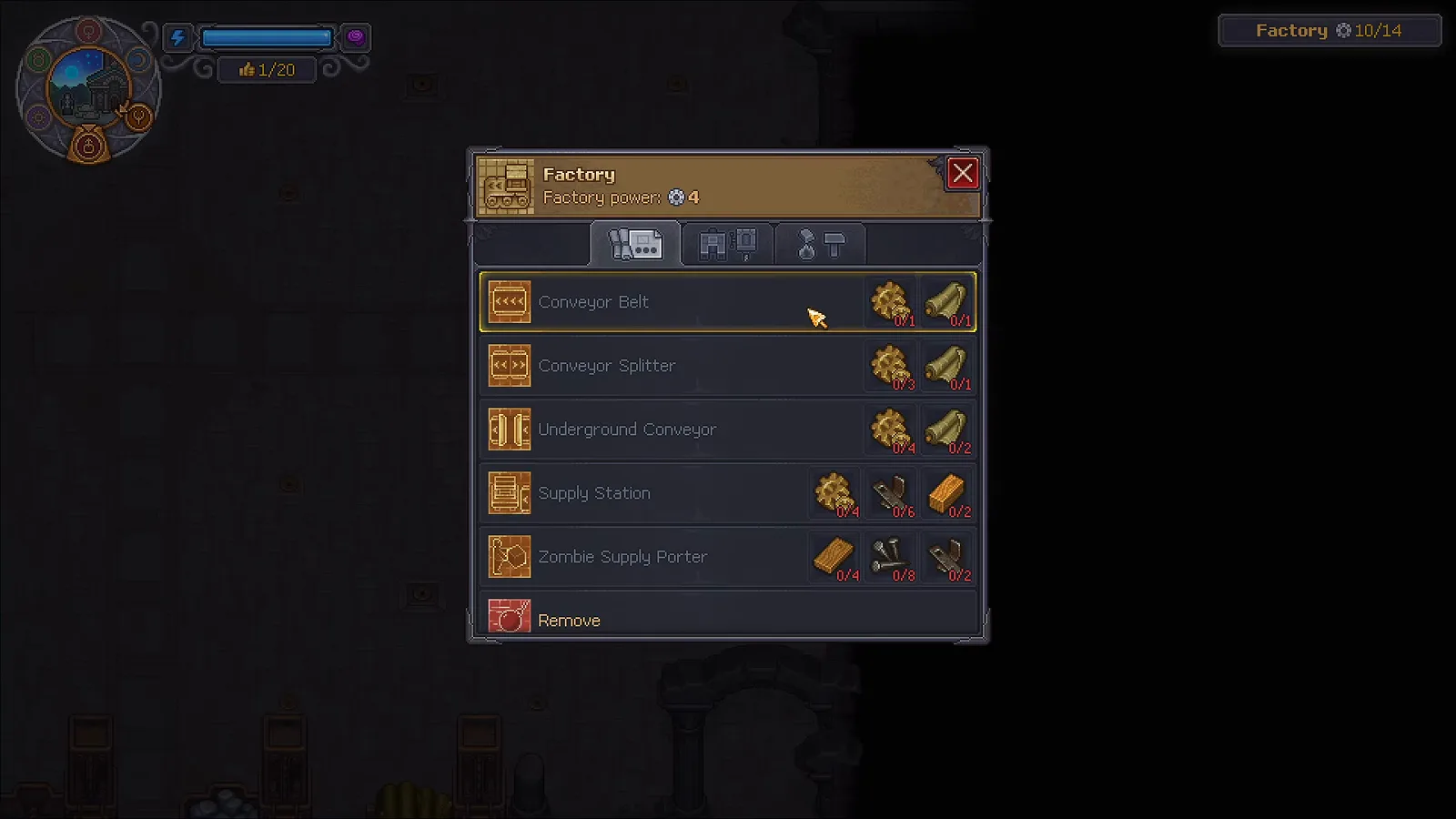 Menu de construção da fábrica de Graveyard Keeper 2 com Conveyor Belt, Supply Station e Zombie Supply Porter