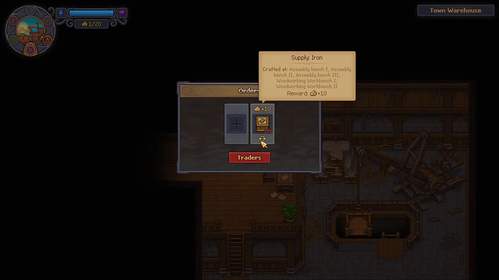 Quadro de pedidos do Town Warehouse de Graveyard Keeper 2 mostrando Supply Iron, quantidade necessária e recompensa de gratidão