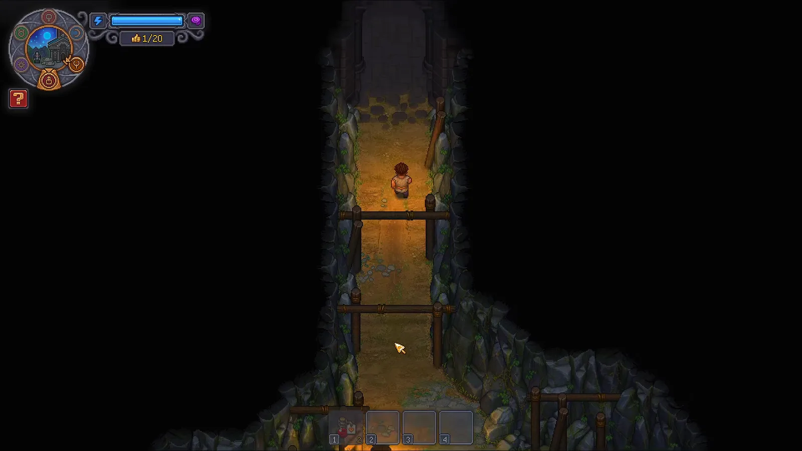Área de estações zumbis de Graveyard Keeper 2 com um minerador e postos de recursos na sala subterrânea