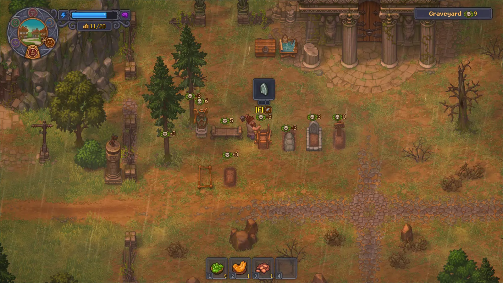 Graveyard burial plots with skull ratings next to the church in Graveyard Keeper 2, where fresh corpses come from