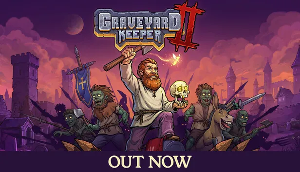 Official Graveyard Keeper 2 key art with the Keeper, a zombie follower and the GK II logo for the platform overview