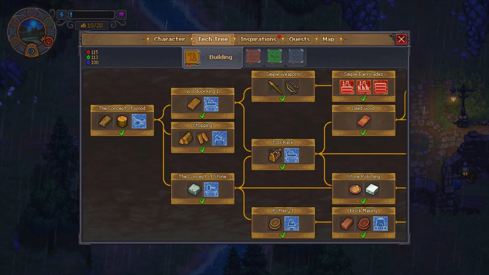 Official Graveyard Keeper 2 Building tech tree showing The Concept of Wood, Woodworking I, Chopping, Tool Rack and Stone branches connected by prerequisite lines