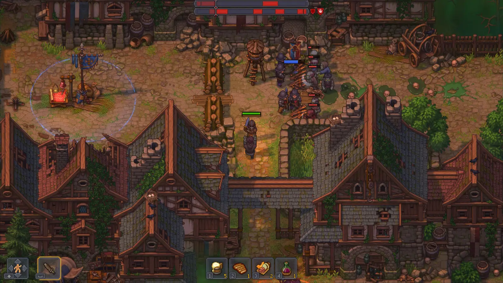 Zombie siege of the town with ballista towers and mercenary squads in Graveyard Keeper 2, The Last Battle setup