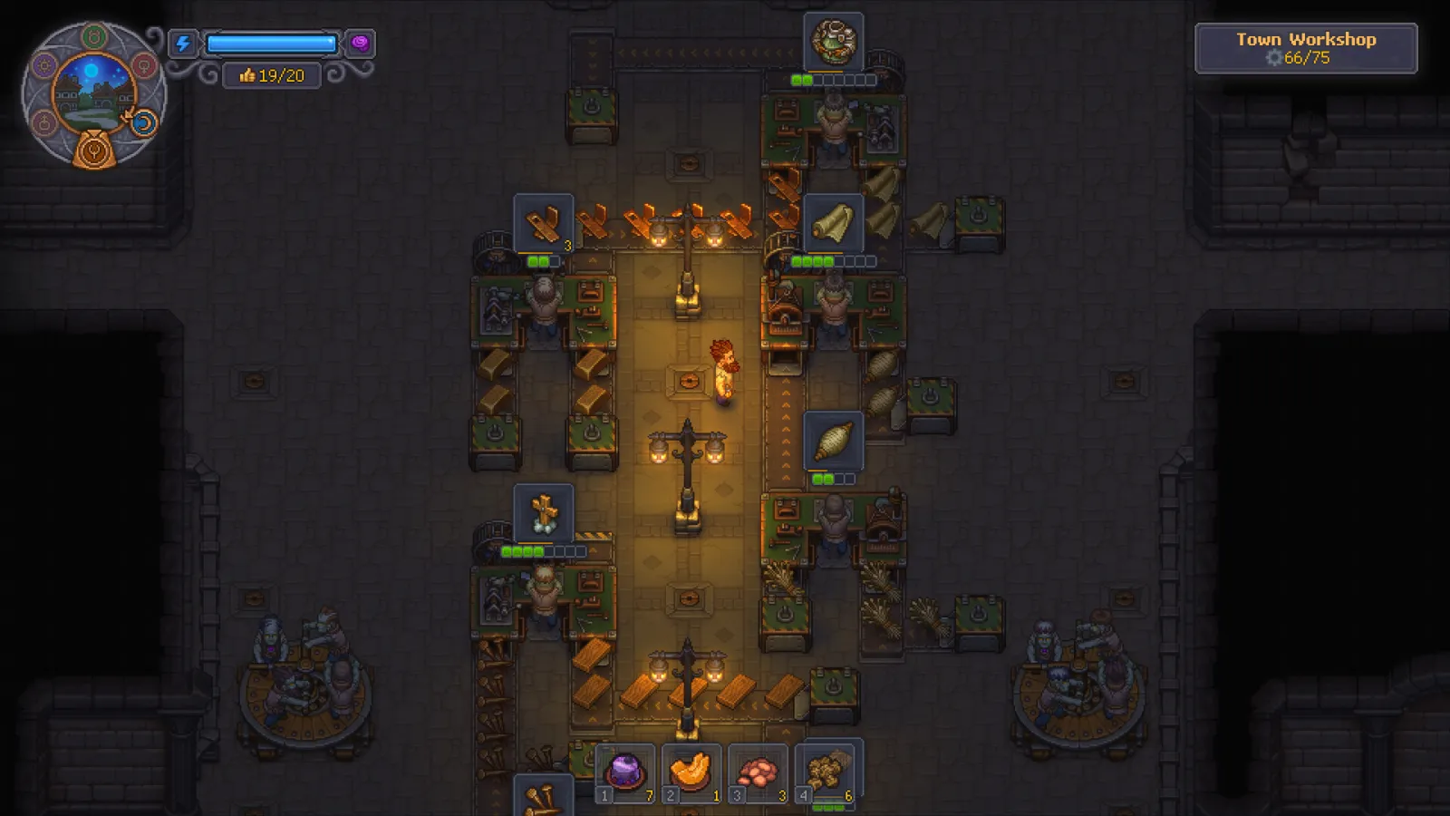 Zombie assembly line with conveyor belts inside the Town Workshop factory in Graveyard Keeper 2