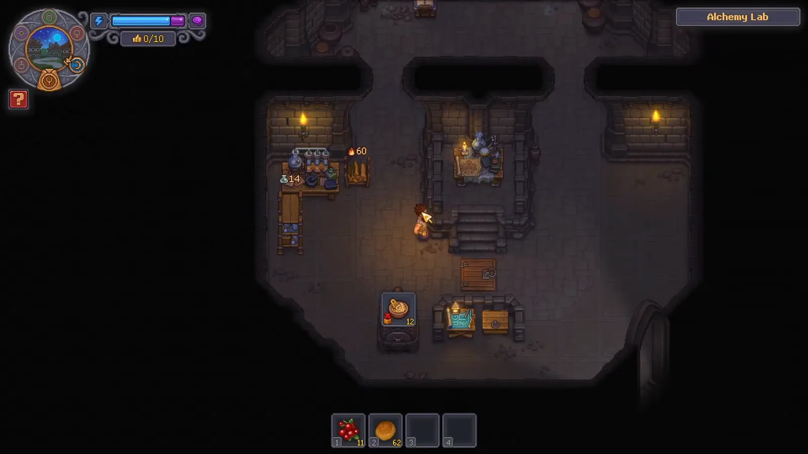 Graveyard Keeper 2 Alchemy Lab room with the Flask Shelf bench, Study Table and Laboratory workbench arranged around the basement hatch
