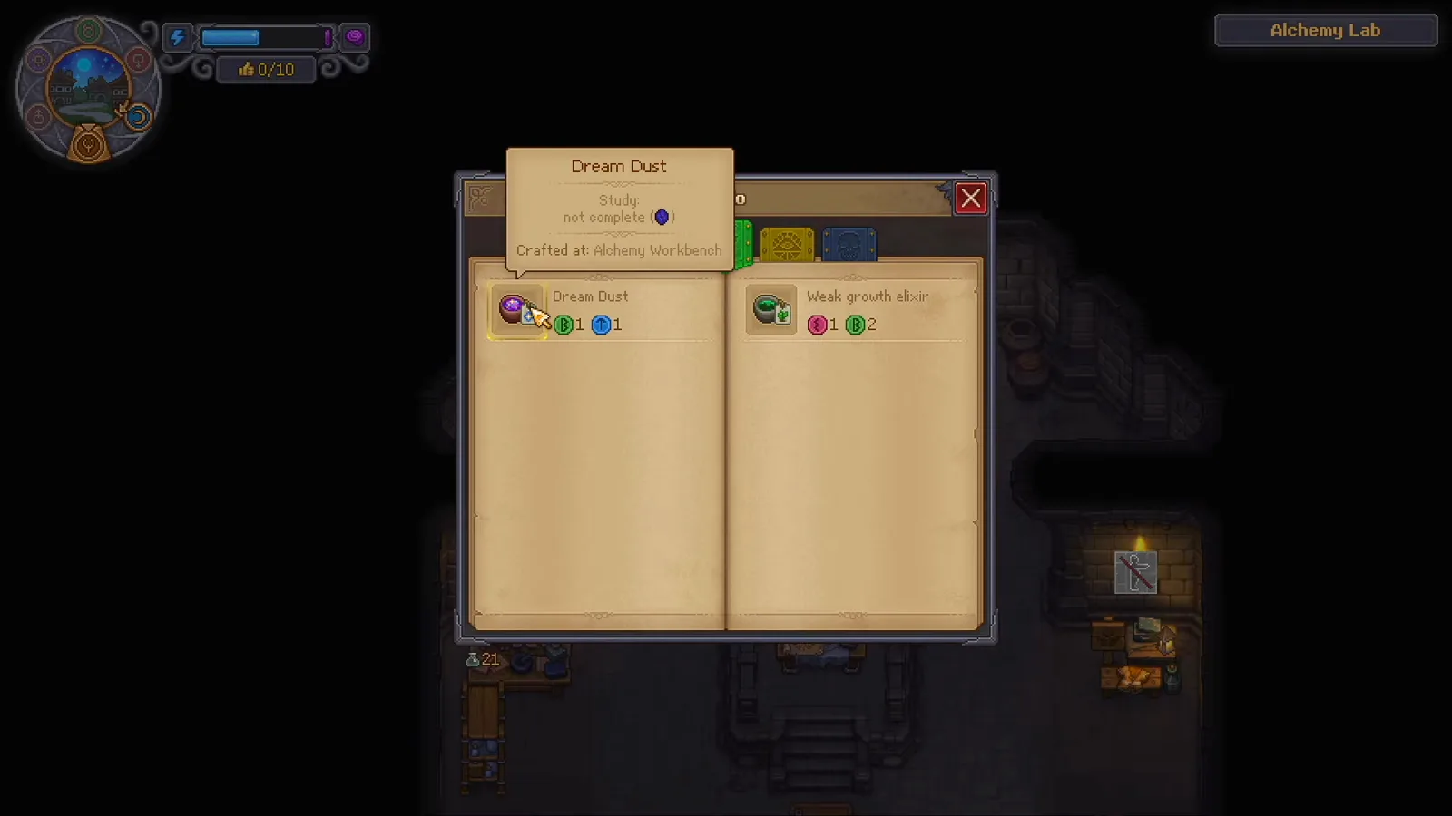 Graveyard Keeper 2 Folio page listing Dream Dust at one green plus one blue rune and Weak growth elixir at one red plus two green