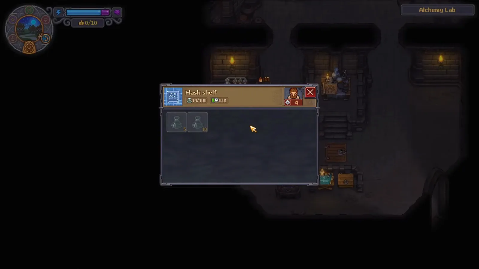 Graveyard Keeper 2 Flask shelf storage panel holding alchemy flasks that are needed before the Laboratory can craft a potion