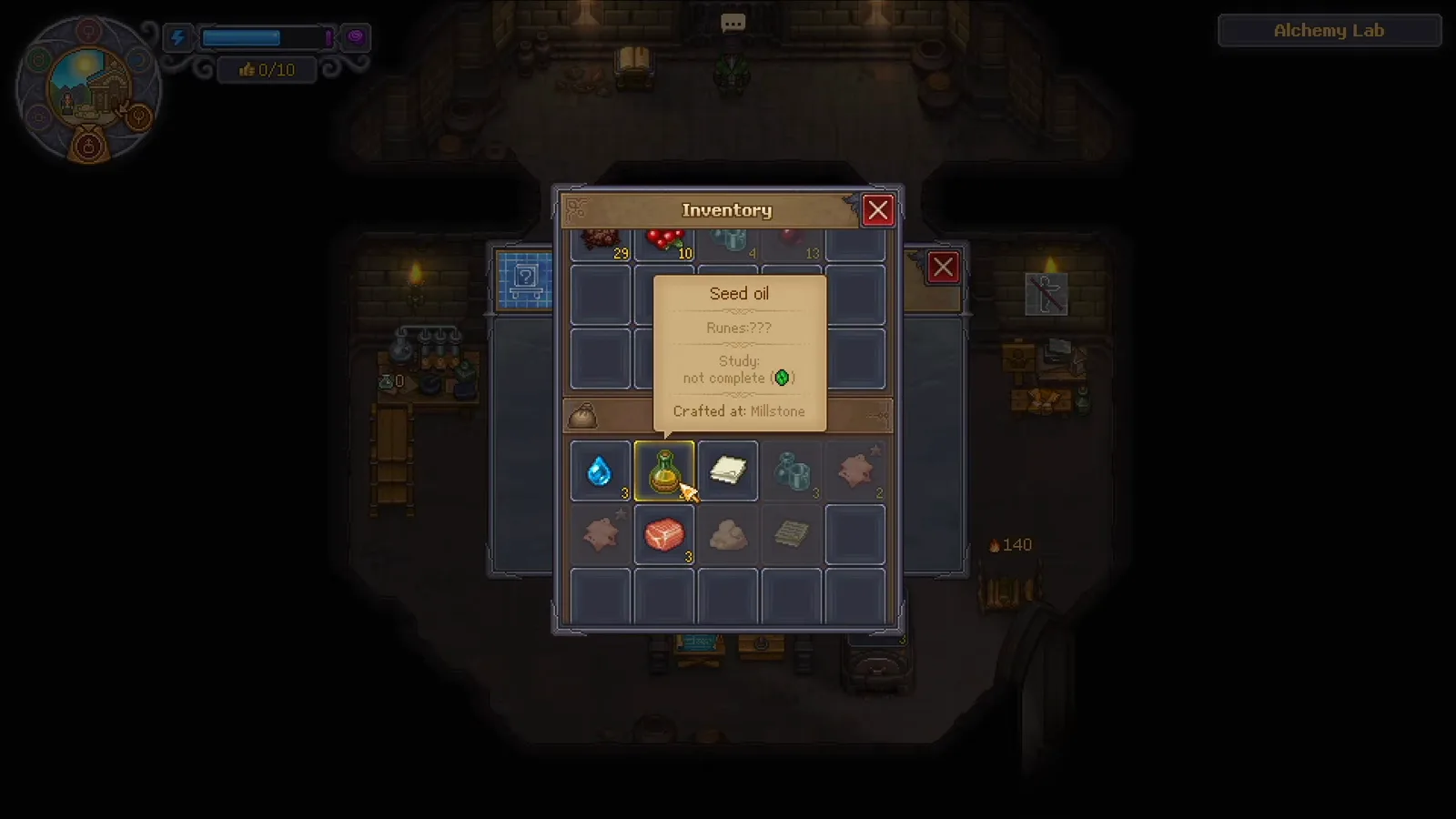 Graveyard Keeper 2 inventory tooltip for an unstudied Seed oil showing Runes unknown and Study not complete before research