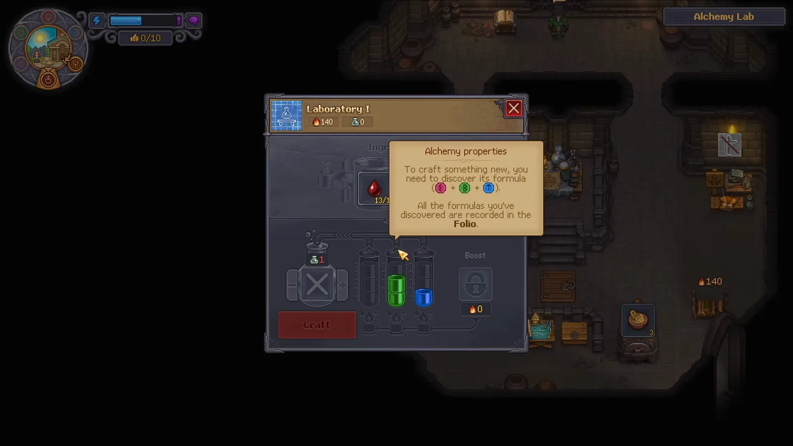 Graveyard Keeper 2 Laboratory I craft panel with the Alchemy properties tooltip explaining that rune formulas are discovered and stored in the Folio