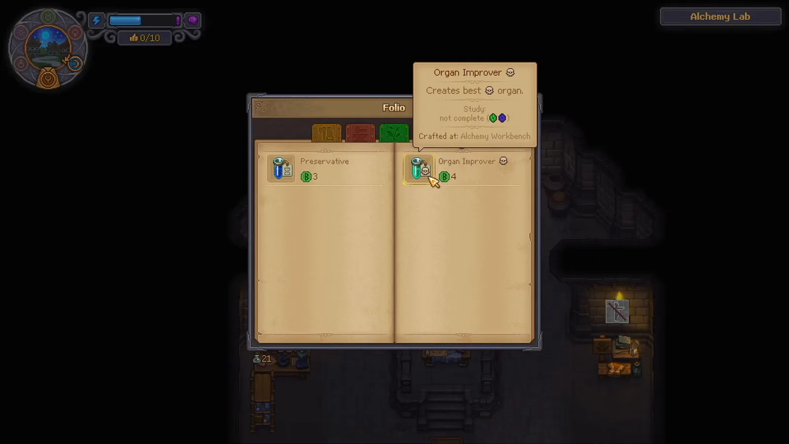 Graveyard Keeper 2 Folio Organ Improver entry with the Creates best organ tooltip and a four green rune cost badge