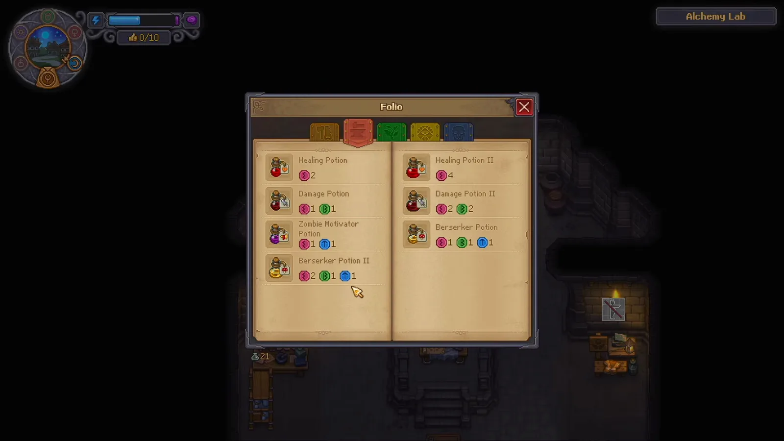 Graveyard Keeper 2 Folio recipe list with exact rune costs for Healing Potion, Damage Potion, Zombie Motivator Potion and Berserker Potion