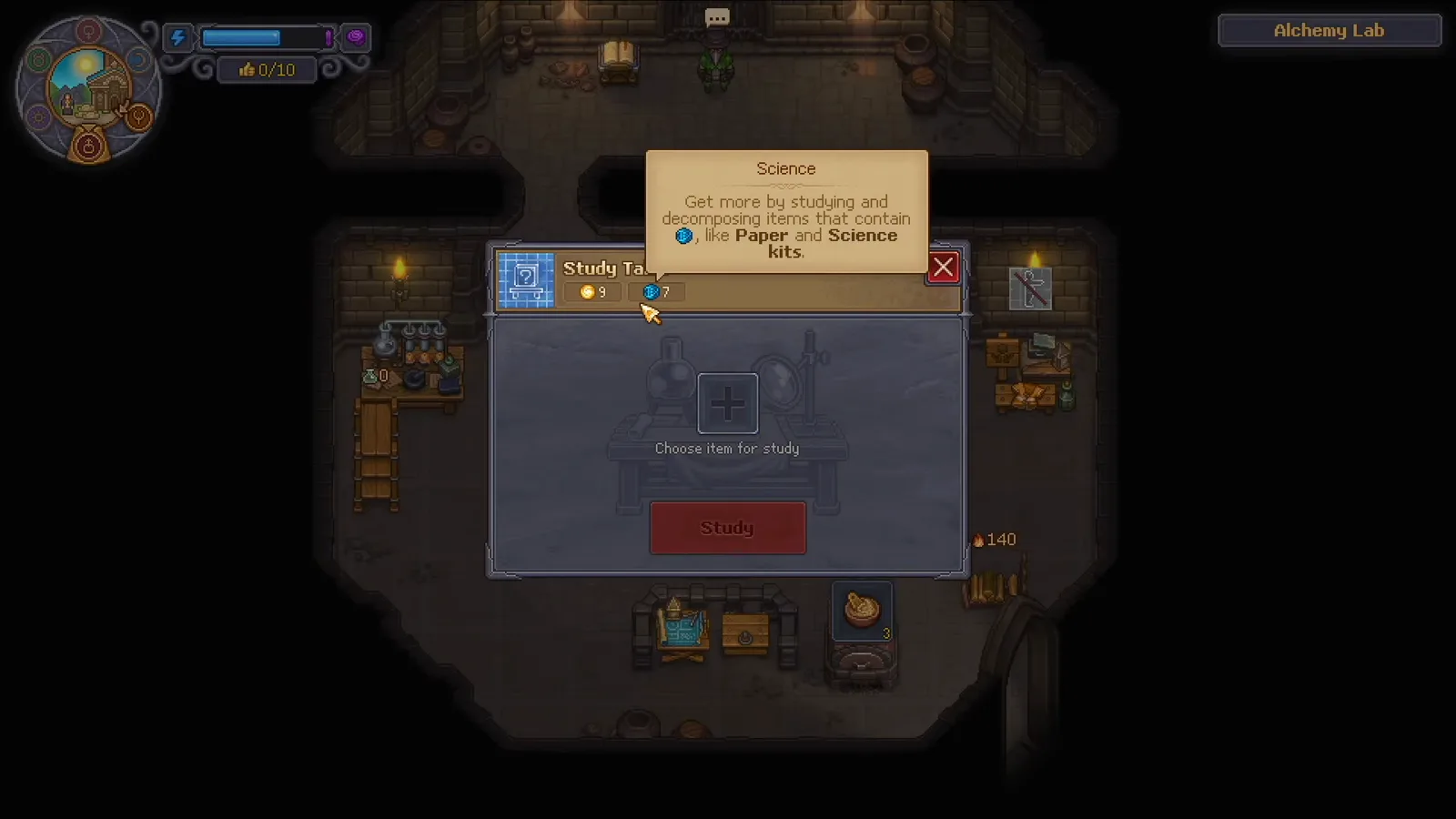 Graveyard Keeper 2 Study Table panel with the Science tooltip explaining that Paper and Science Kits are used to research new alchemy ingredients