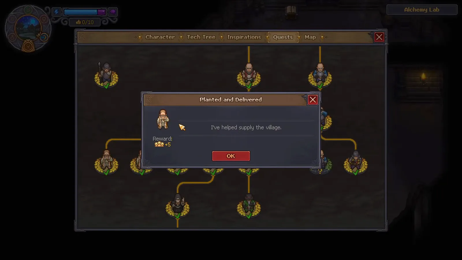 Graveyard Keeper 2 quest log showing the Planted and Delivered quest that helped supply the village before July introduces the Plague Doctor