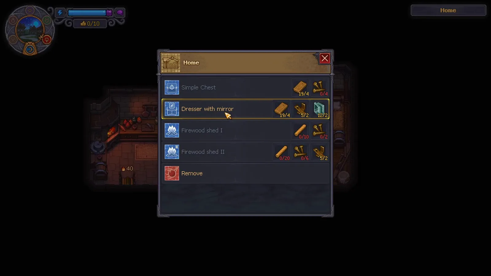 Graveyard Keeper 2 Home build menu with Dresser with mirror selected showing the 4 wooden plank, 2 bronze detail and 2 glass cost