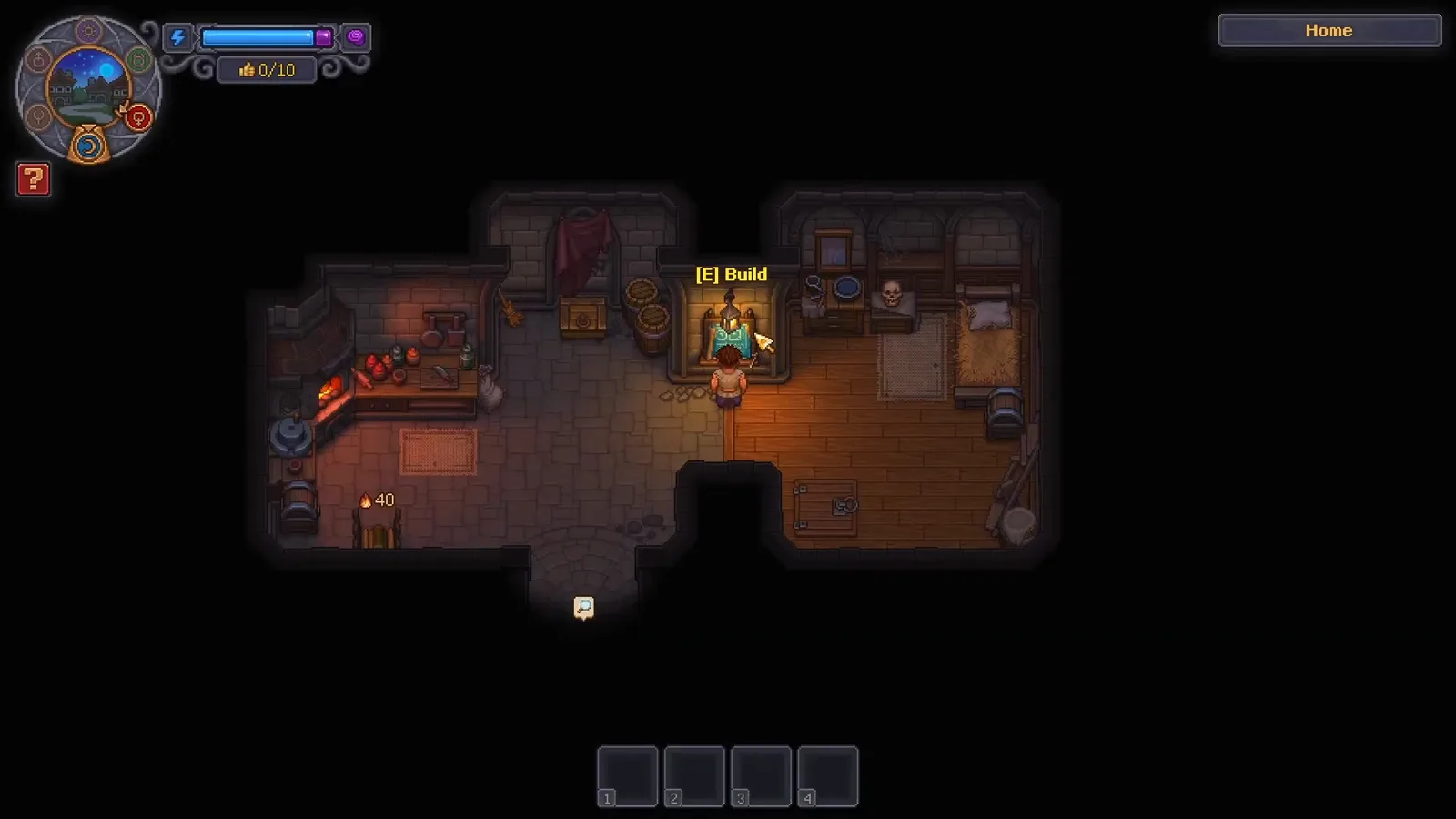Graveyard Keeper 2 home interior with the E Build prompt active on the spot where the dresser with mirror will stand