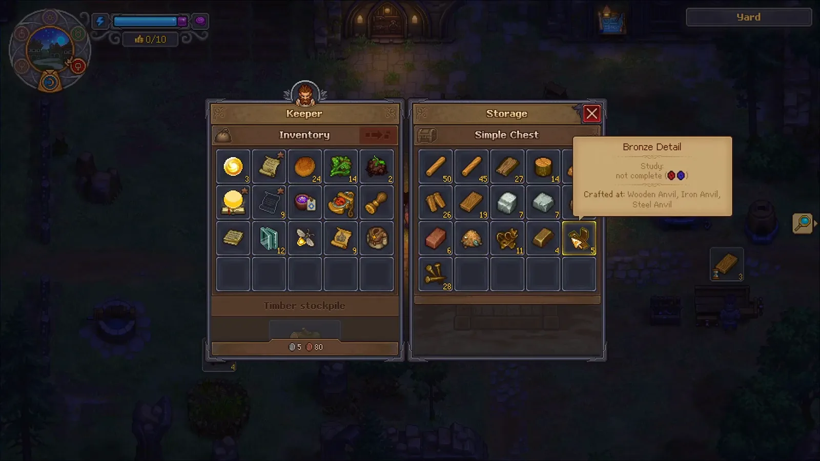 Graveyard Keeper 2 Simple Chest storage with the Bronze Detail tooltip listing the Wooden Anvil, Iron Anvil and Steel Anvil as craft sources