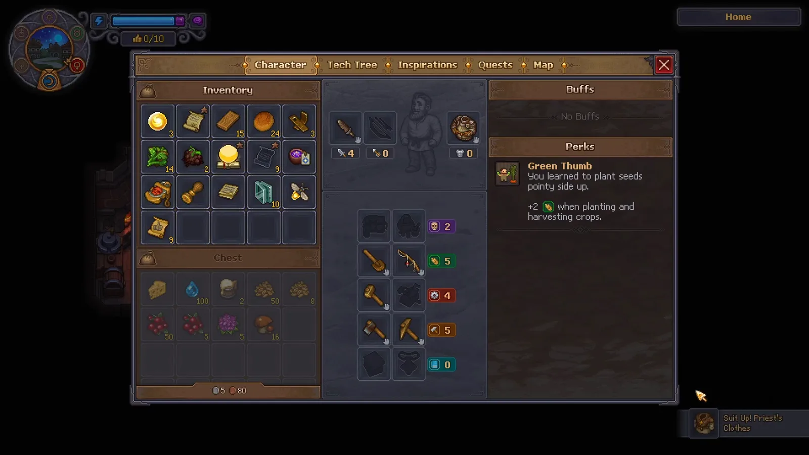 Graveyard Keeper 2 Character screen with the Suit Up notification for Priest’s Clothes appearing in the bottom right corner