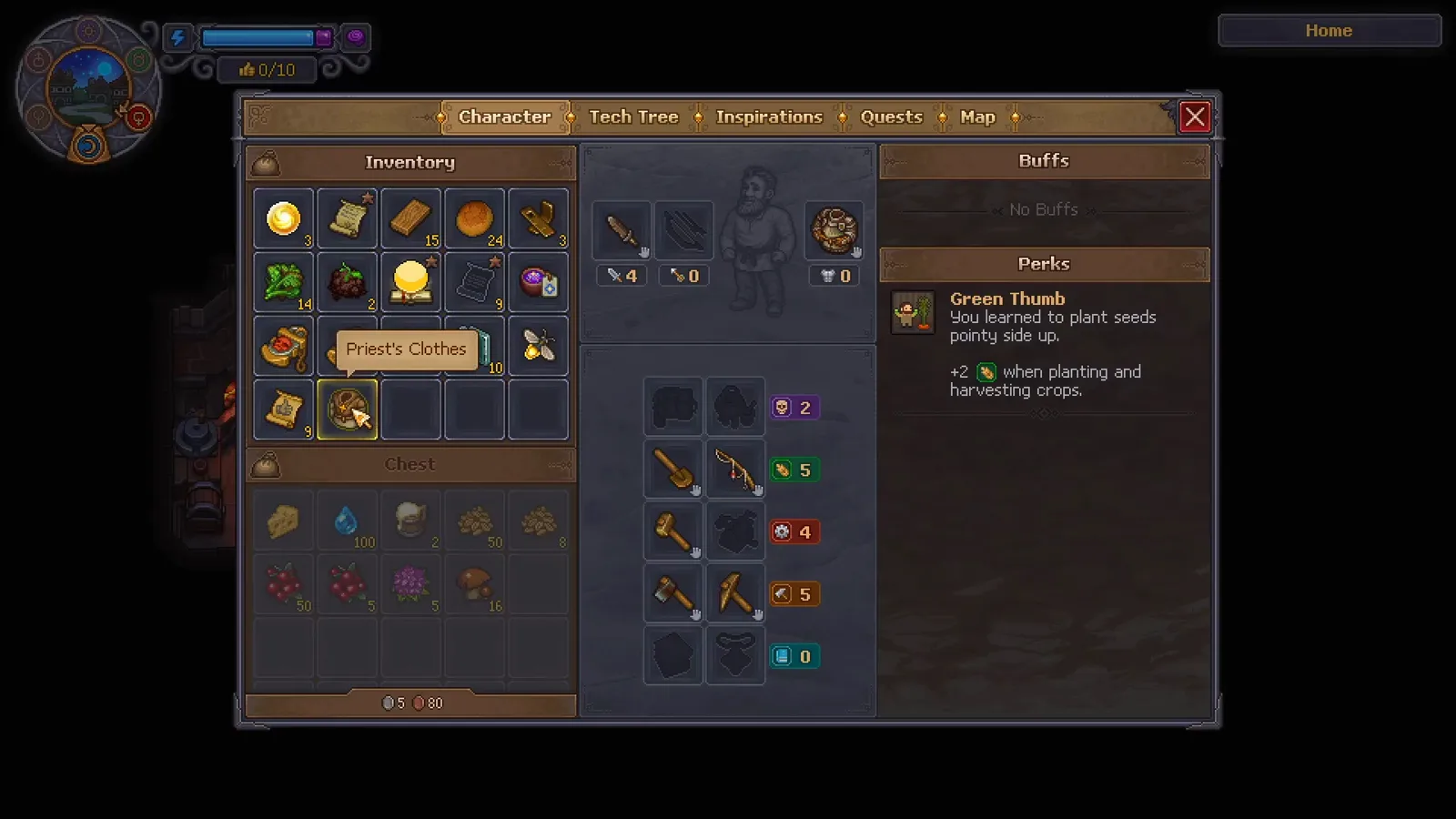 Graveyard Keeper 2 Character inventory with the Priest’s Clothes item hovered before it is added to the available clothes