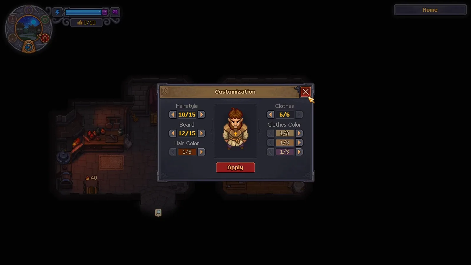 Graveyard Keeper 2 Customization panel previewing the keeper with the beard shaved off and the priest’s clothes equipped