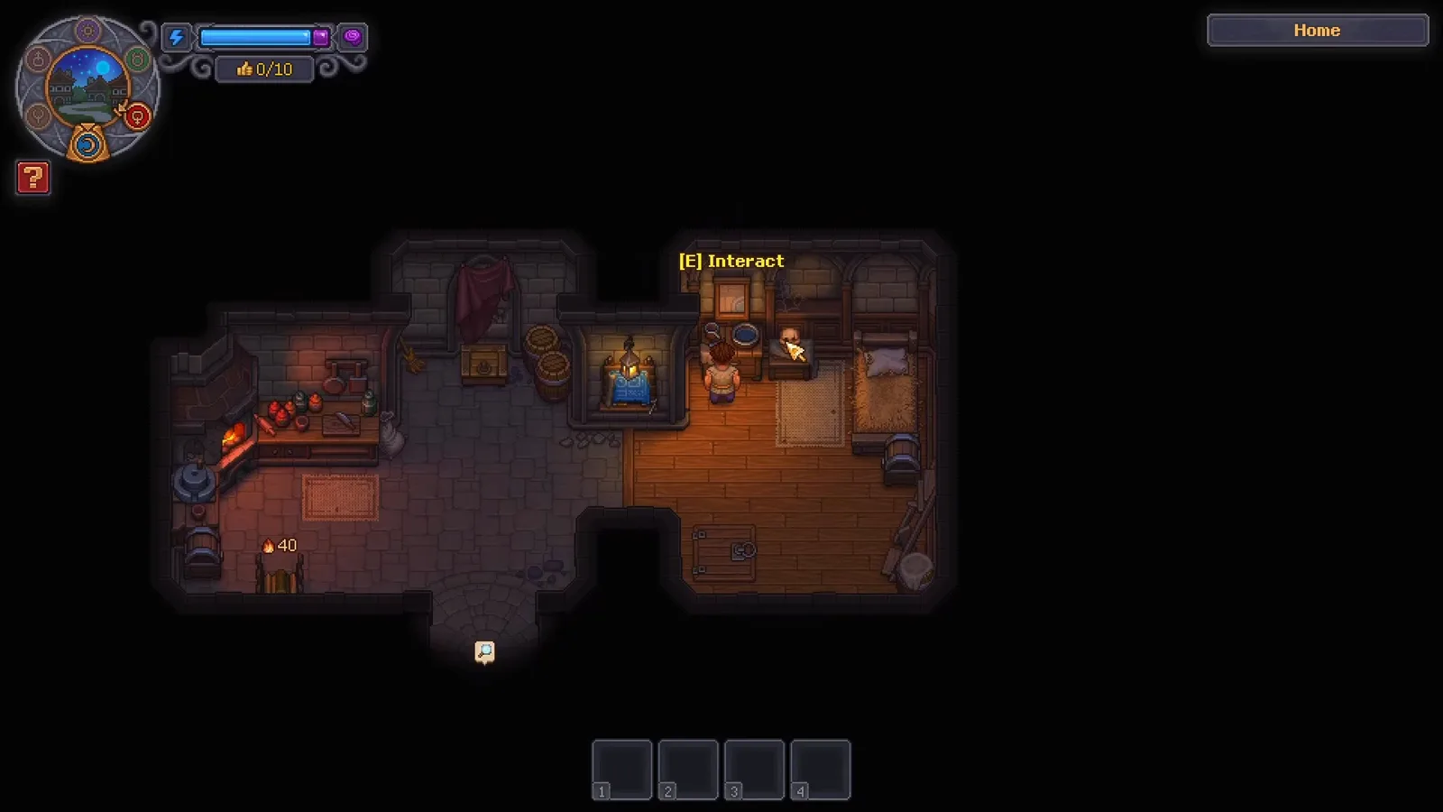 Graveyard Keeper 2 home interior showing the E Interact prompt on the newly built dresser with mirror