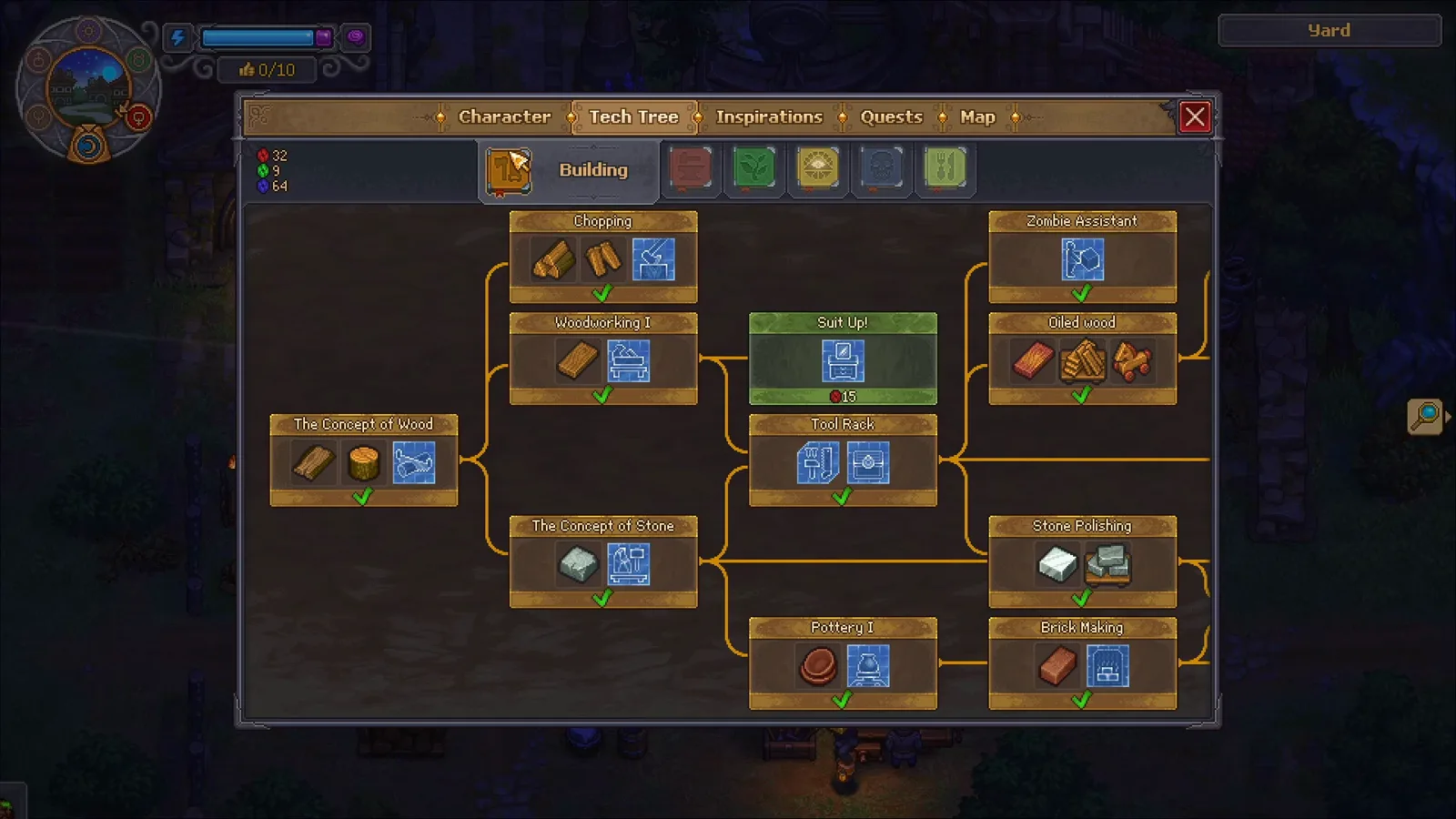 Graveyard Keeper 2 tech tree showing the Suit Up node selected in the Building category with a 15 red point cost below it