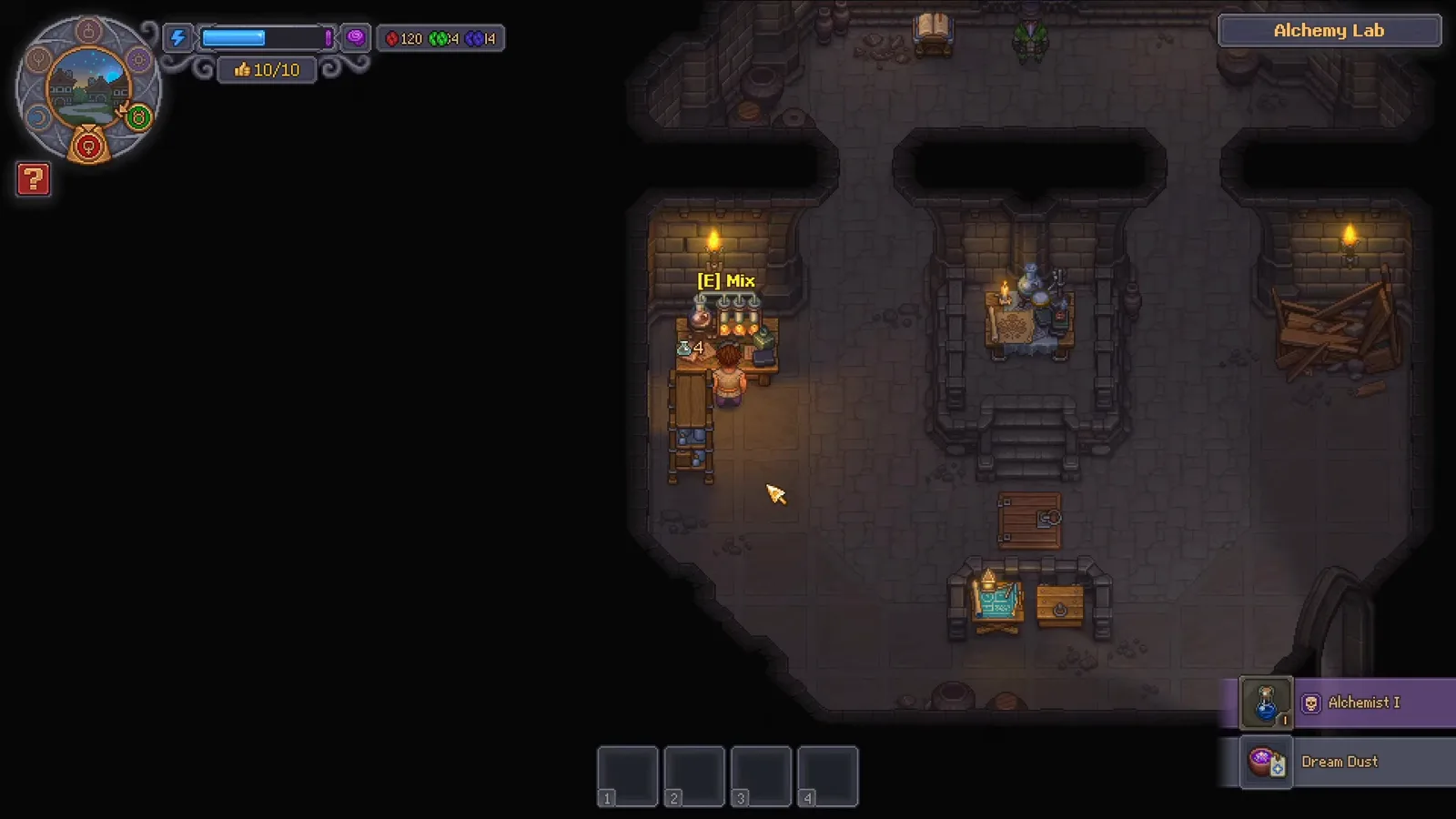 Alchemy Lab de Graveyard Keeper 2 con el aviso del objeto Dream Dust y la recompensa de experiencia de Alchemist después de terminar la fabricación en Laboratory I