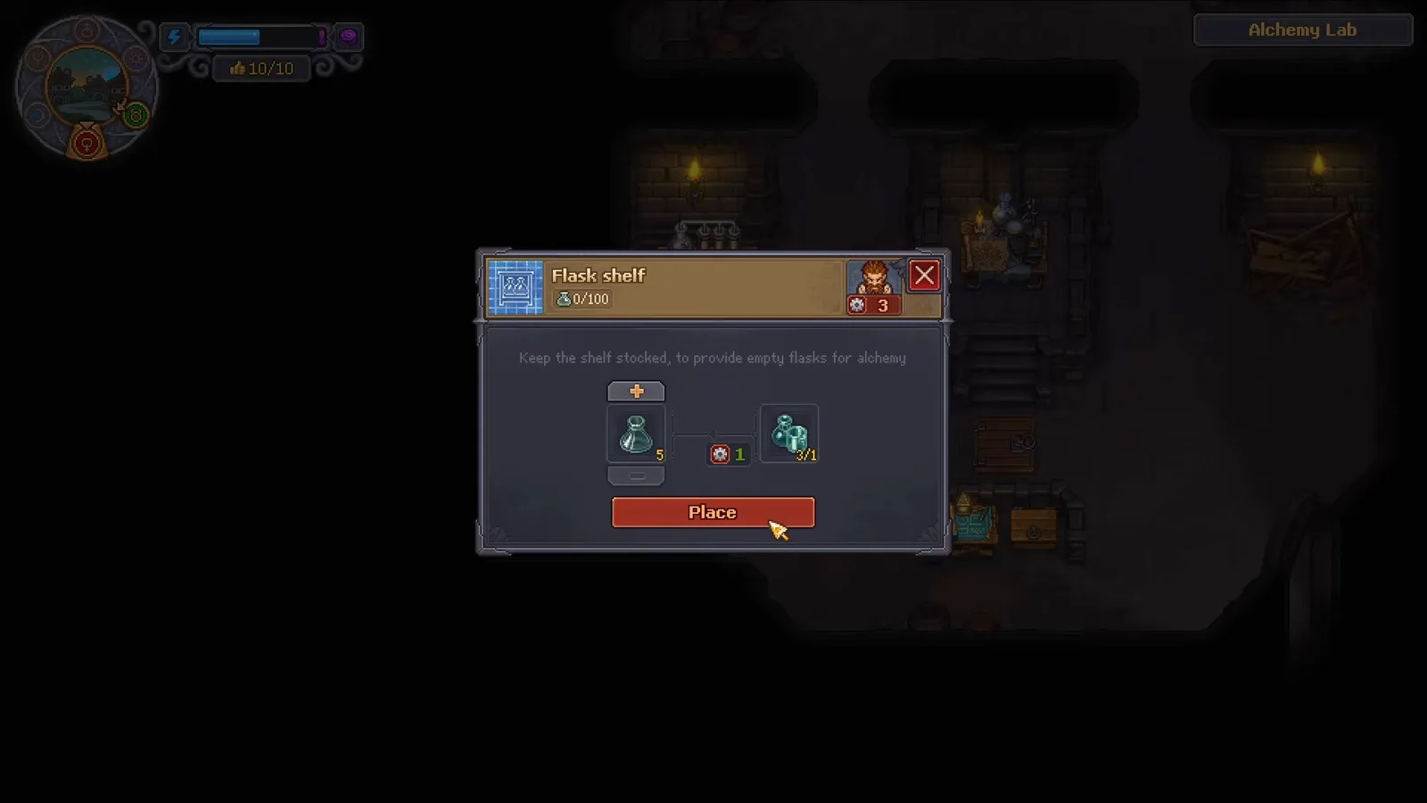 Diálogo del Flask shelf de Graveyard Keeper 2 con el aviso keep the shelf stocked y una pila de Alchemy Flasks I lista para colocarse en el Labo