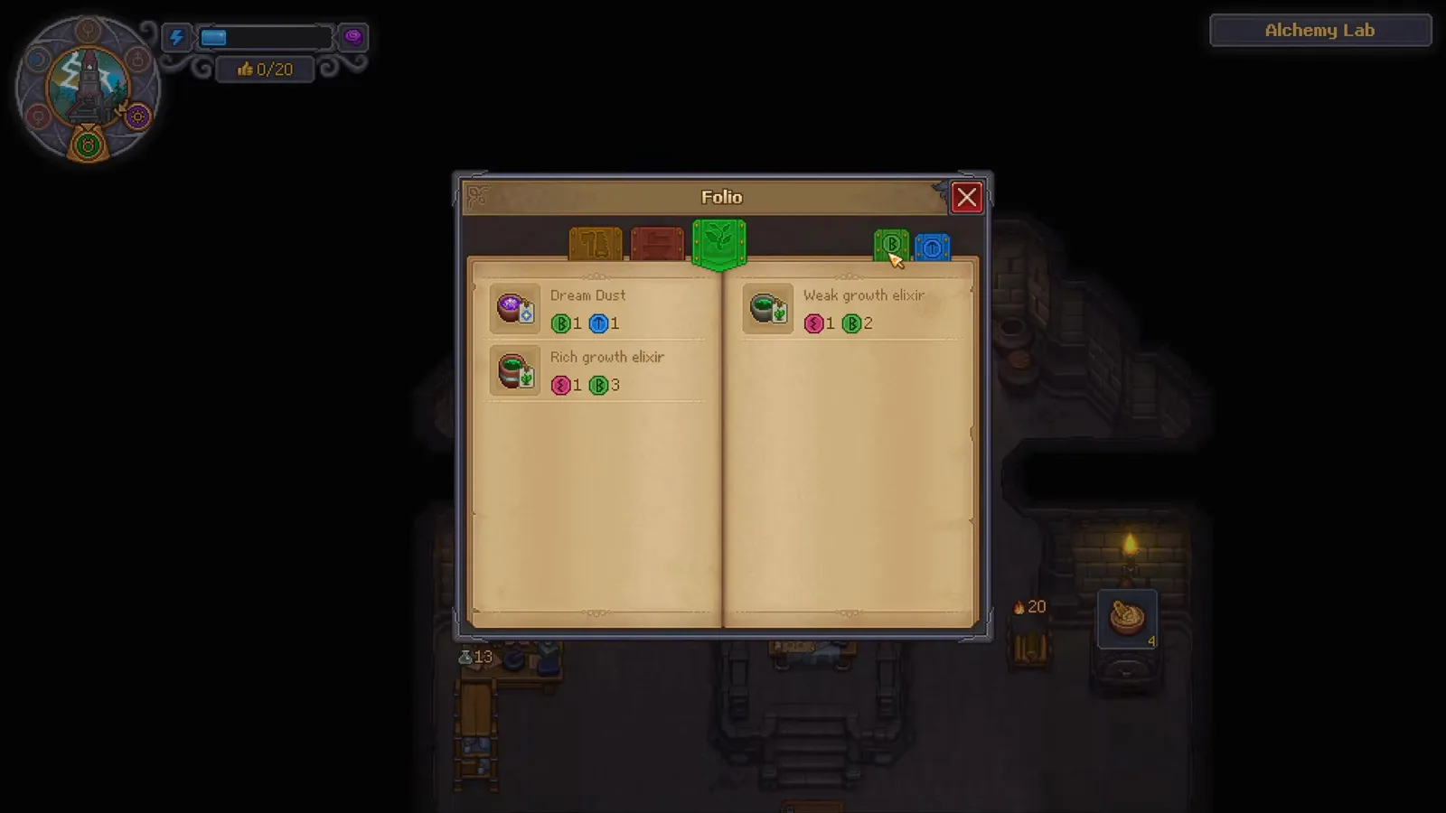 Página de alquimia del Folio de Graveyard Keeper 2 que lista la receta Dream Dust con 1 runa verde y 1 runa azul antes de fabricarla en el Alchemy Lab