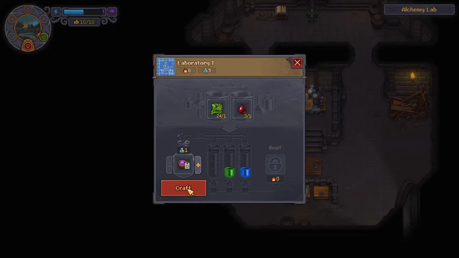 Panel de ingredientes de Laboratory I de Graveyard Keeper 2 con Leaf y Blood colocados y las lámparas de runa verde y azul encendidas para fabricar