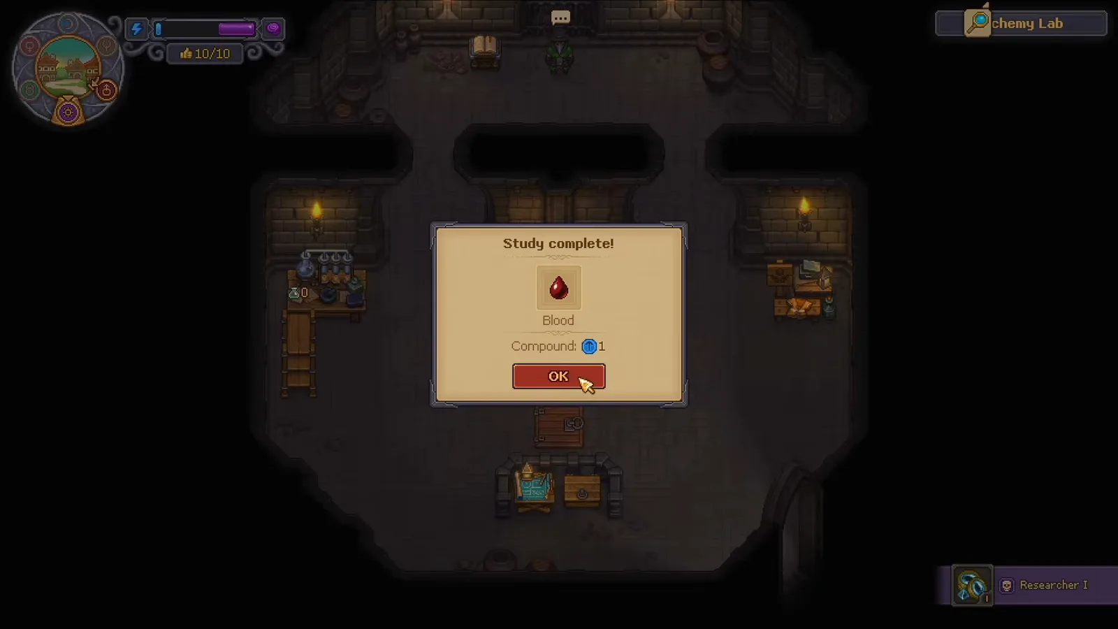 Ventana Study complete de Graveyard Keeper 2 mostrando Blood desbloqueando una runa de alquimia azul, la segunda mitad de la fórmula del polvo de ensueño