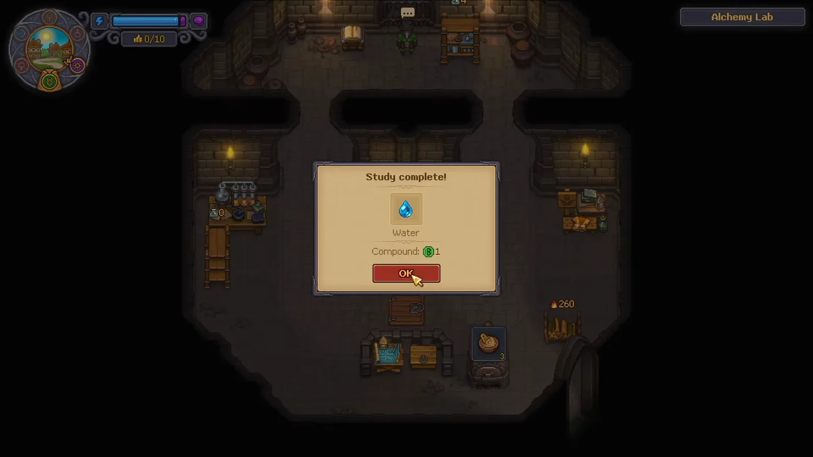 Ventana Study complete de Graveyard Keeper 2 mostrando Water desbloqueando un compuesto de una runa de alquimia verde en el Study Table