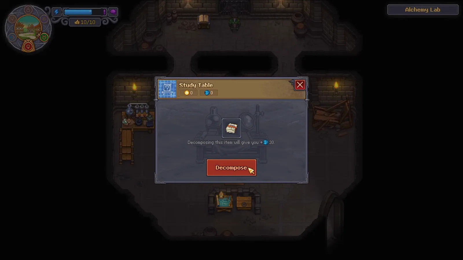 Diálogo del Study Table de Graveyard Keeper 2 que ofrece descomponer un Science Kit I por 30 puntos de Science para poder investigar un ingrediente