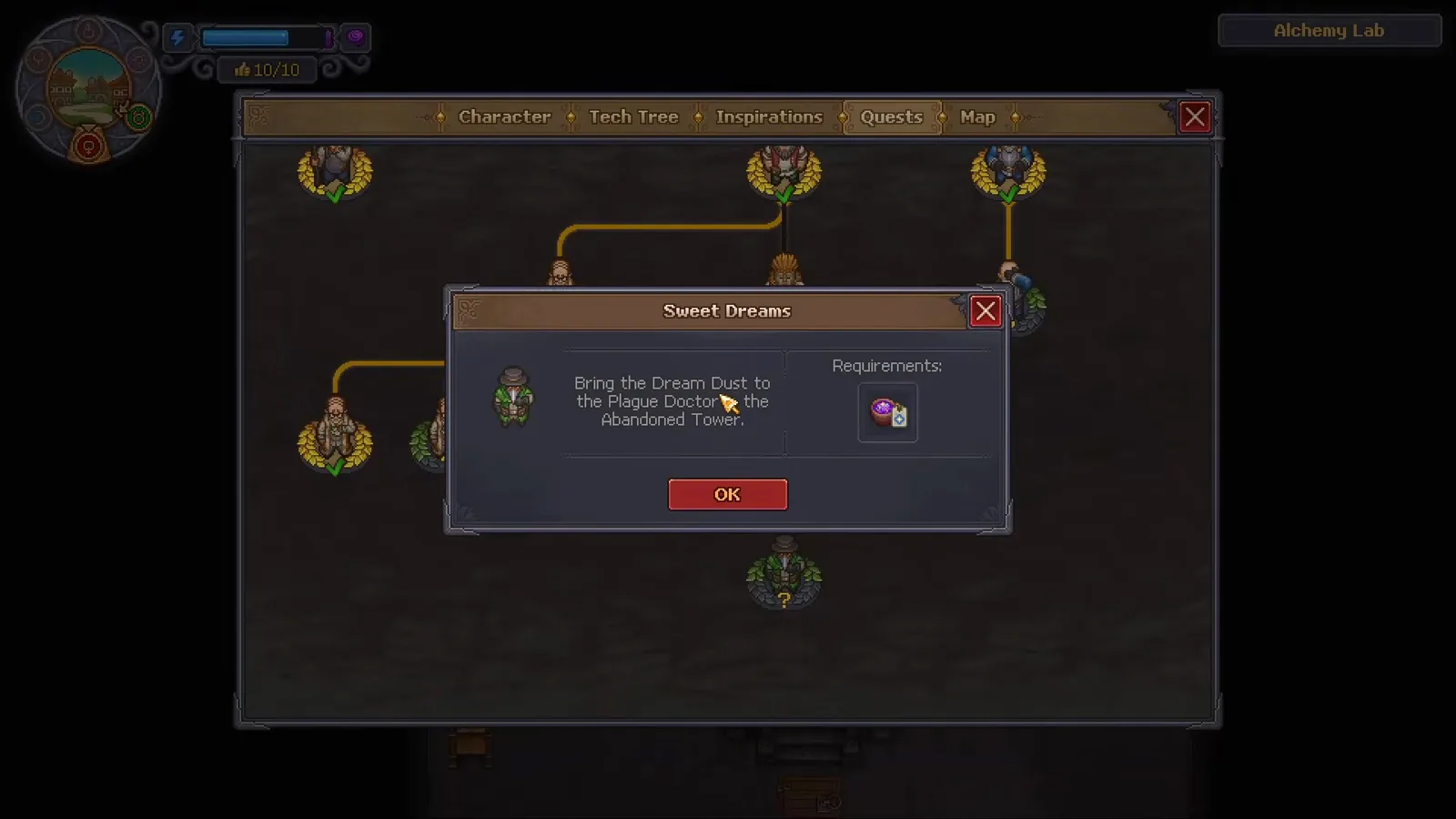 Registro de Quests de Graveyard Keeper 2 con el objetivo Sweet Dreams de llevar Dream Dust al Plague Doctor en la Abandoned Tower