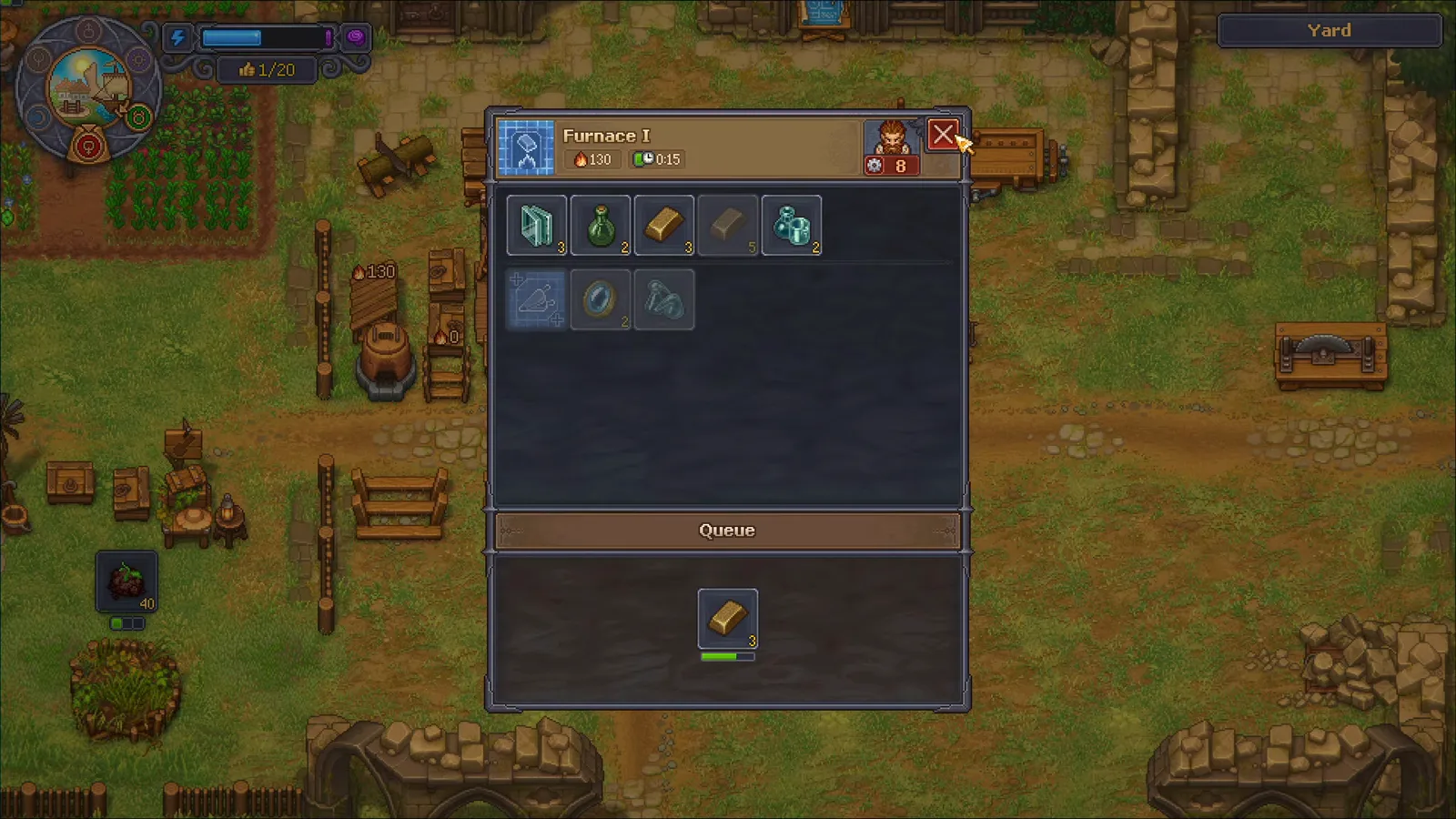 Panel de fabricación de Furnace I de Graveyard Keeper 2 con las recetas de vidrio y frascos de alquimia y un lingote en cola debajo