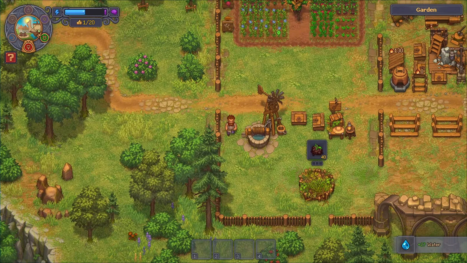Pozo de jardín de Graveyard Keeper 2 en el patio con un aviso de recogida de agua fresca mientras el jugador rellena frascos