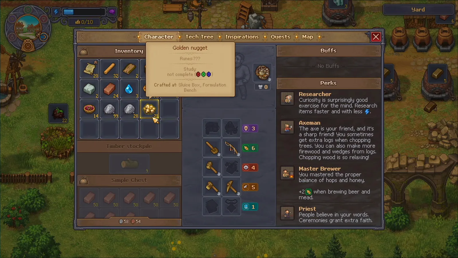 Ayuda de inventario de Graveyard Keeper 2 para el Golden nugget que indica fabricado en Sluice Box y Formulation Bench con una pila de veintiuna pepitas