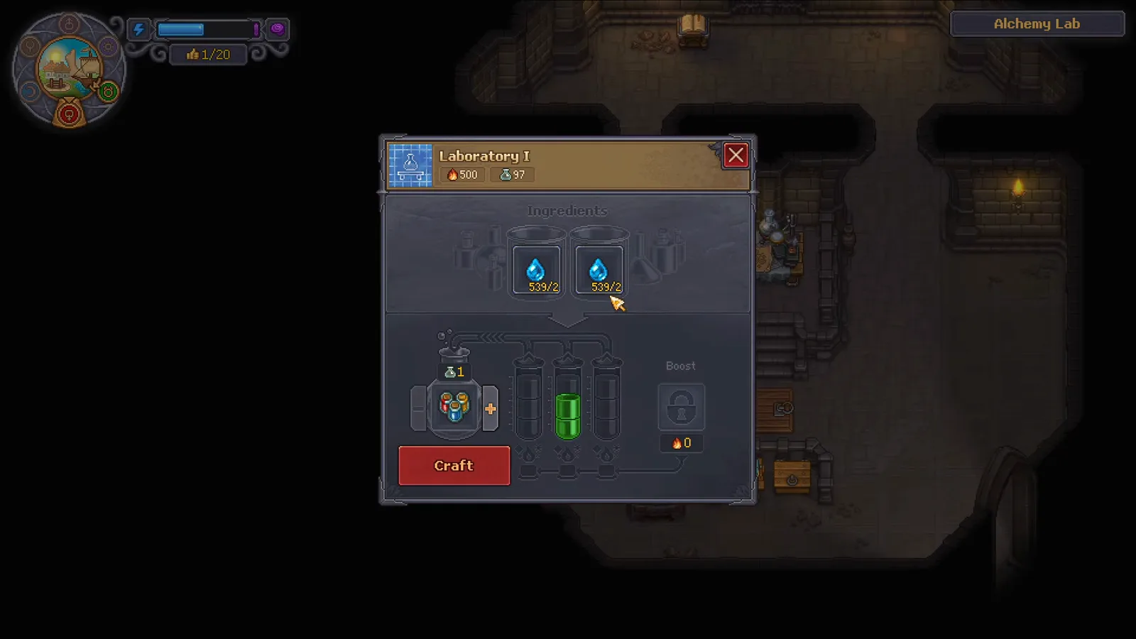 Panel de fabricación de Laboratory I de Graveyard Keeper 2 con dos frascos de agua cargados para producir un Paint en la ruta de dinero del puerto