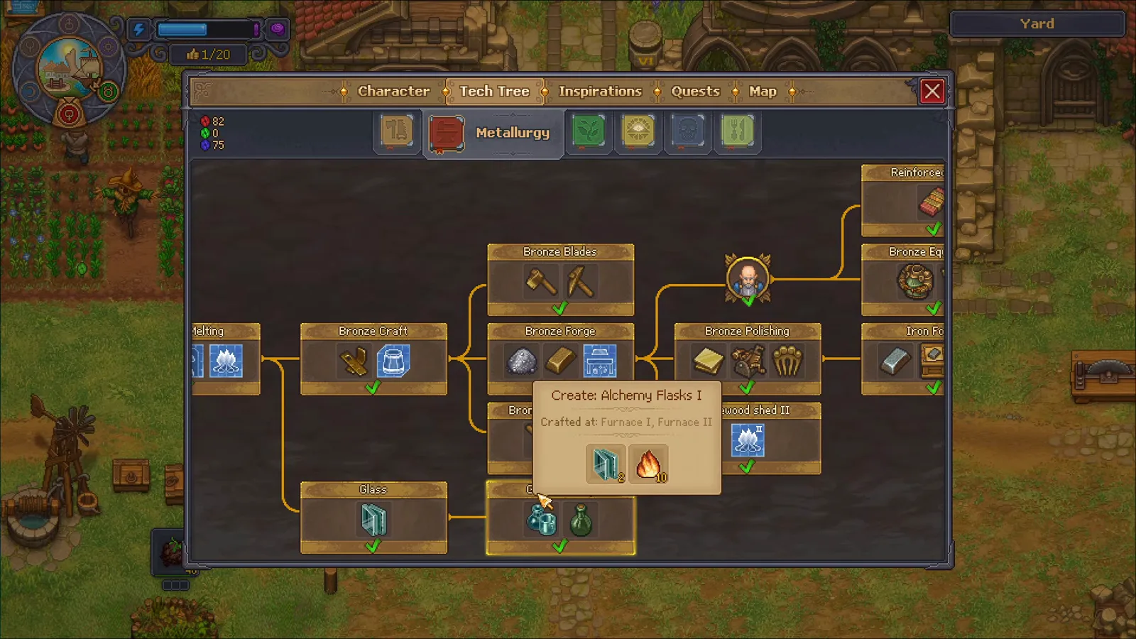 Árbol tecnológico de Metallurgy de Graveyard Keeper 2 con la receta Alchemy Flasks I desbloqueada y fabricada en Furnace I o Furnace II
