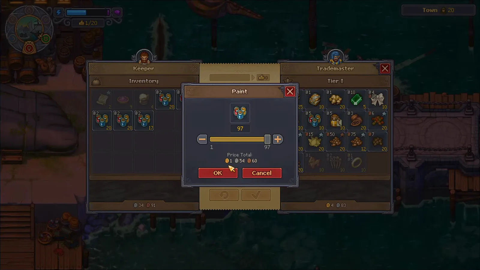 Ventana de trueque del Trademaster de Graveyard Keeper 2 tasando una pila de noventa y siete Paint en un oro cincuenta y cuatro platas sesenta bronces