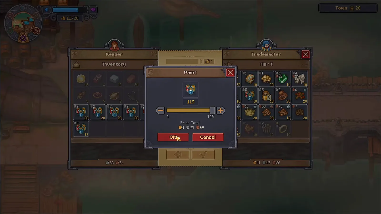 Ventana de trueque del puerto del segundo creador de Graveyard Keeper 2 con ciento diecinueve Paint seleccionados por un oro setenta y ocho platas sesenta bronces