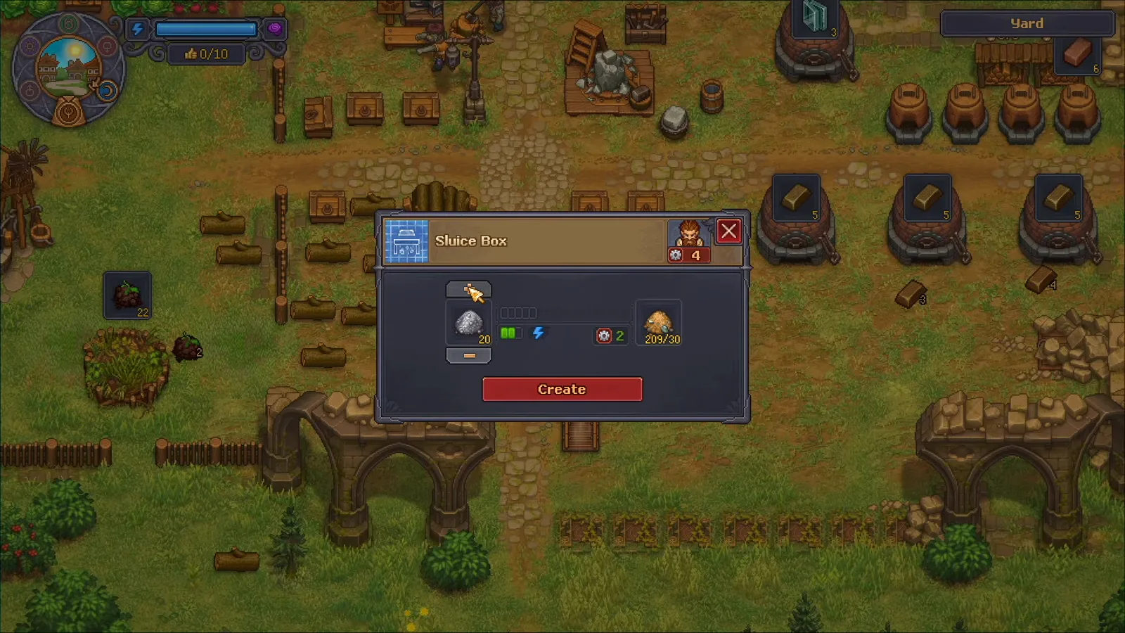 Panel de creación del Sluice Box de Graveyard Keeper 2 cargado con arena en el patio, donde pueden caer Golden Nuggets al cribar