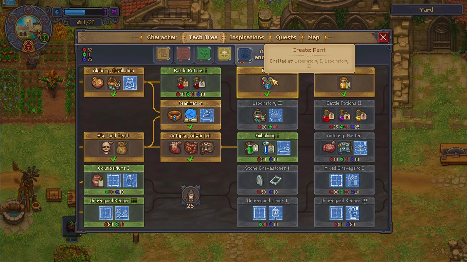 Árbol tecnológico de Anatomy and alchemy de Graveyard Keeper 2 con la ayuda de Paint mostrando que se fabrica en Laboratory I y Laboratory II