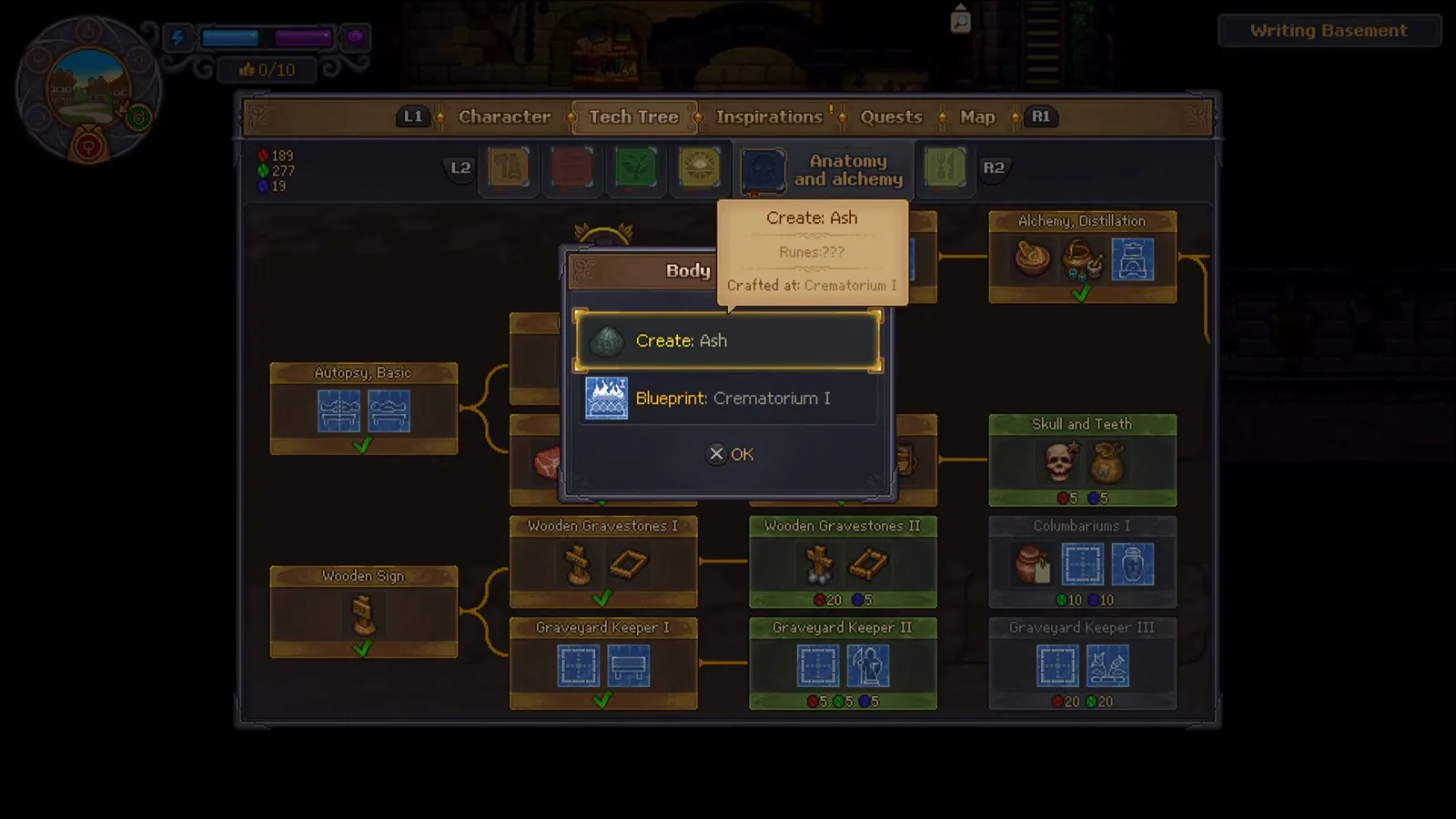 Graveyard Keeper 2のAnatomy and alchemyツールチップ「Create: Ash」。Crematorium Iの設計図を示す