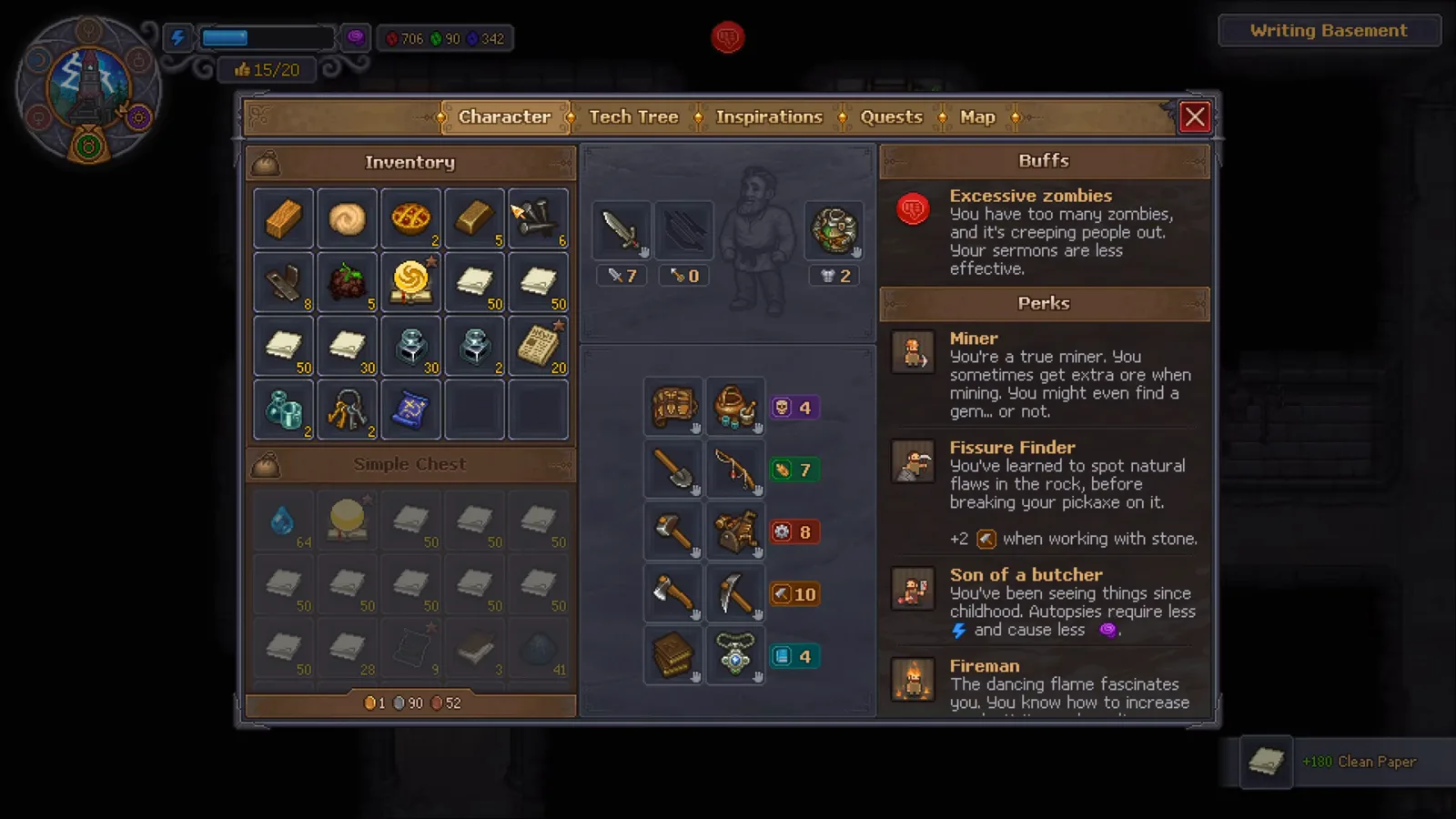 Graveyard Keeper 2のCharacter画面。Simple ChestがClean Paperの束で埋まり、プラス180の表示が出る