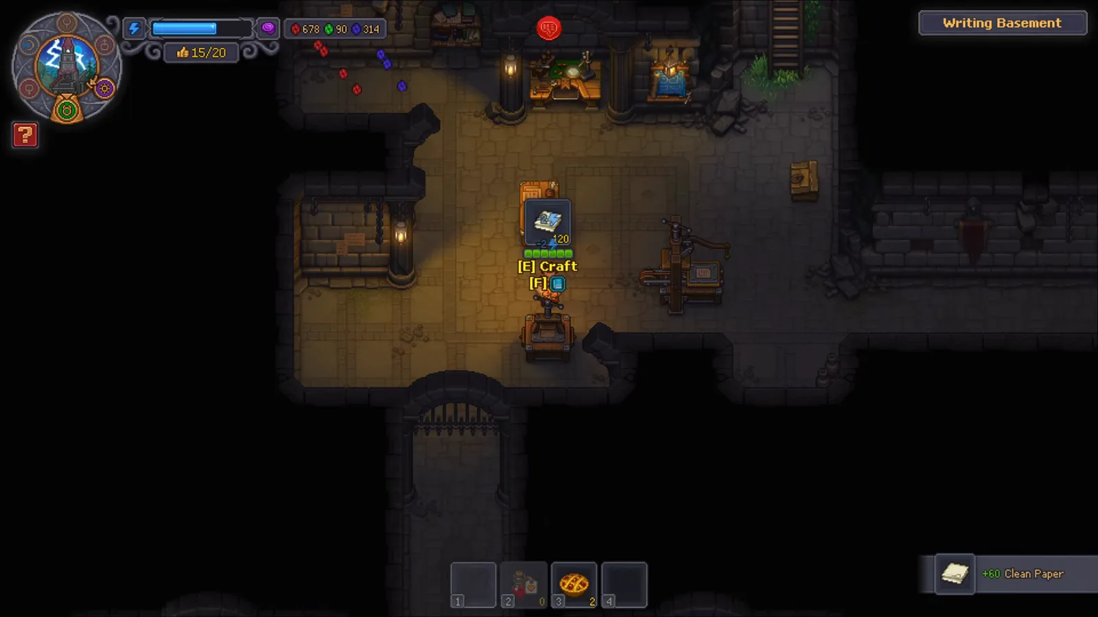Graveyard Keeper 2のPaper Press。実行中にプラス60のClean Paper表示がWriting Basementに出る